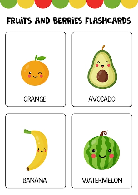 Frutos e bagas bonitos dos desenhos animados com nomes flashcards para crianças