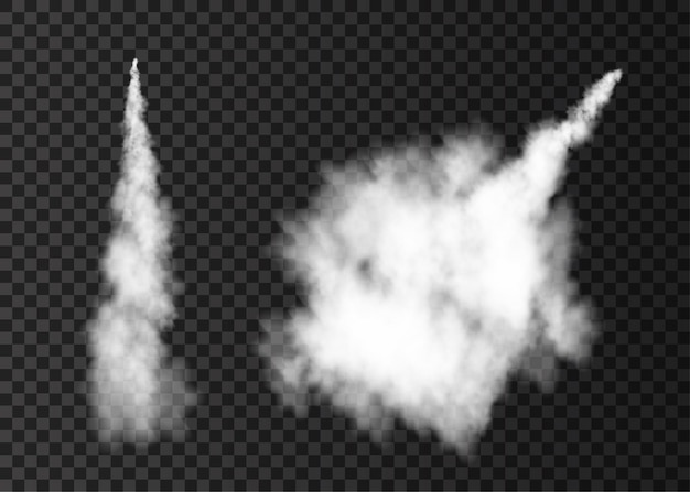 Fumaça do lançamento de foguete espacial trilha de avião nebulosa isolada em fundo transparente nevoeiro