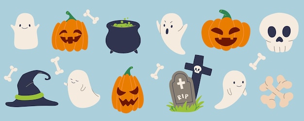 Fun Halloween conjunto de ilustrações vetoriais com fantasmas bonitos abóboras crânios ossos chapéus de bruxa e caldeirões Perfeito para convites de festa decoração festiva desenhos assustadores em fundo azul