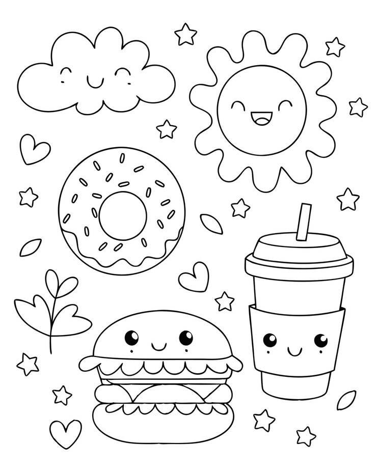 Vetor fun kawaiistyle página de colorir para crianças com elementos de comida e clima