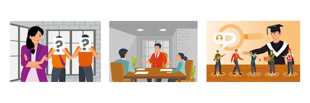 Funcionário com pessoas segurando ponto de interrogação Entrevista de candidatos a emprego Graduados têm escolhas de carreira