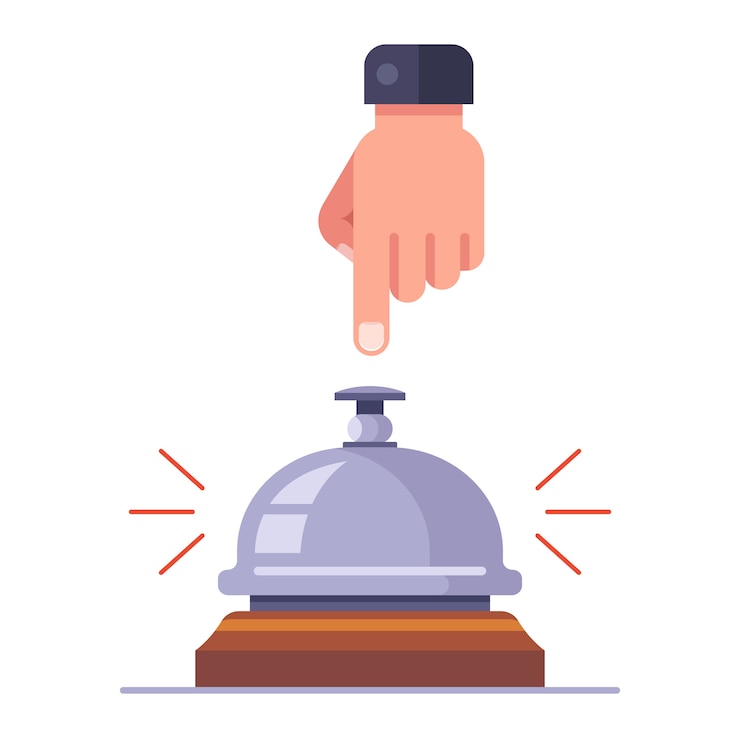Vetor funcionário de chamada do hotel. pressione o botão com uma mão. ilustração plana.