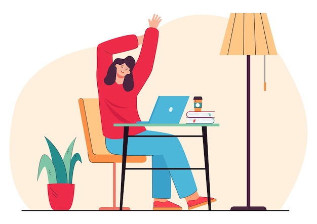 Funcionário feliz, fazendo uma pausa do trabalho e se espreguiçando na mesa. Pessoa calma do escritório, relaxando ou descansando em ilustração vetorial plana no local de trabalho. Coffee break, relaxamento, conceito de trabalho para banner