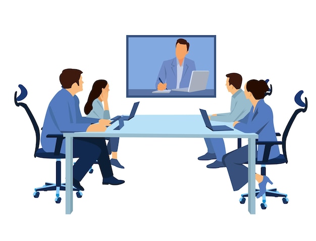 Funcionários de diversas empresas com videoconferência de conferência de negócios on-line no monitor de tela de tv na sala de reuniões do conselho Conceito de treinamento corporativo de grupo virtual global de apresentação de videoconferência