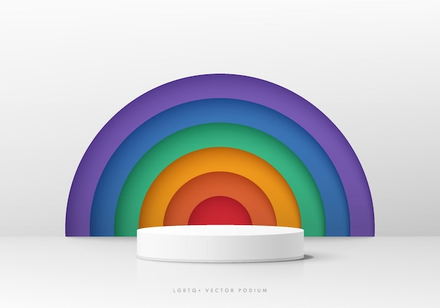 Vetor fundo 3d abstrato com pódio de cilindro branco realista semi-círculo na bandeira do orgulho do arco-íris lgbtq