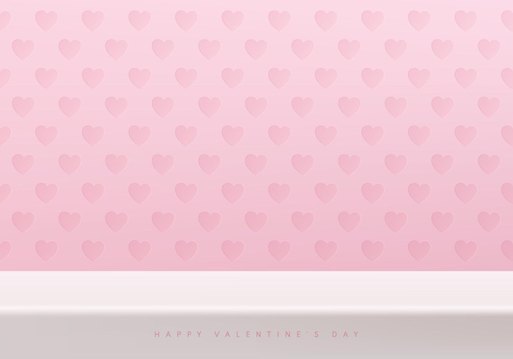 Vetor fundo 3d dos namorados com cena de parede com padrão de coração rosa pastel suporte branco pódio ou mesa de mesa