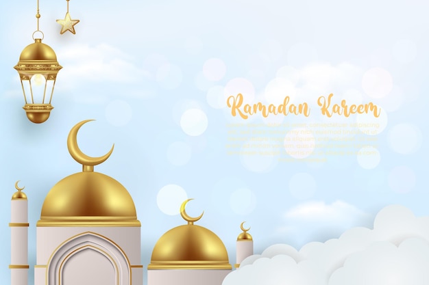 Fundo 3d ramadan kareem com mesquita e lanterna de lâmpada dourada