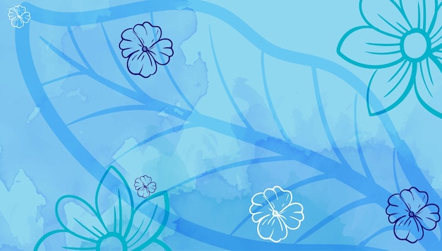 Fundo abstrato azul estilo minimalista de luxo com flores de arte de contorno e folhas aquarela orgânica