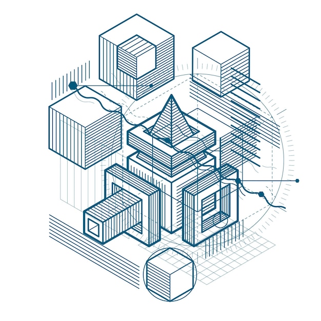 Fundo abstrato com linhas isométricas, ilustração vetorial. modelo feito com cubos, hexágonos, quadrados, retângulos e diferentes elementos abstratos.