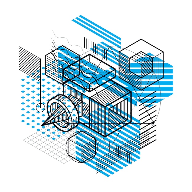 Vetor fundo abstrato com linhas isométricas, ilustração vetorial. modelo feito com cubos, hexágonos, quadrados, retângulos e diversos elementos abstratos.