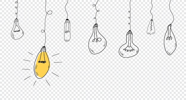 Fundo abstrato conceito criativo Mão desenhada de lâmpadas penduradas com um conceito brilhante de ideia criativa em estilo linear simples Doodle ideia de lâmpada ilustração vetorial