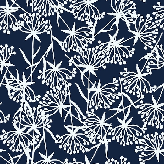 Fundo abstrato da natureza Flores botânicas padrão sem emenda Folhagem desenhada à mão em estilo plano de linha Silhuetas de folhagem Desenho de contorno de contorno Bom para tecido têxtil de moda