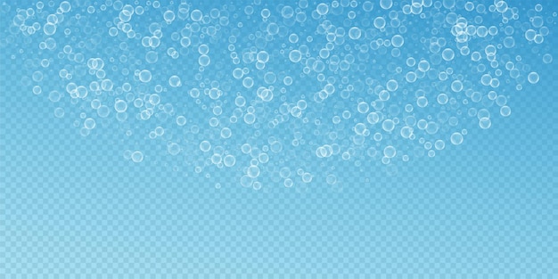 Fundo abstrato das bolhas de sabão. Soprando bolhas em fundo azul transparente. Modelo de sobreposição de espuma com sabão surpreendente. Ilustração imaculada do vetor.