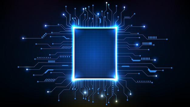 Fundo abstrato de chips futuristas do processador principal com linha de circuito