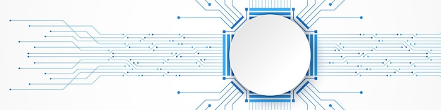 Fundo abstrato de tecnologia, banner de círculo branco no padrão de placa de circuito azul