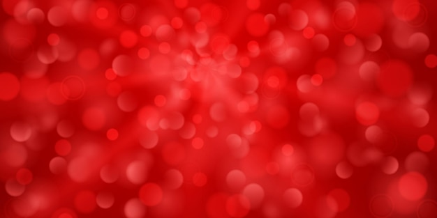 Fundo abstrato em cores vermelhas com raios divergentes de luz e pequenos círculos translúcidos com efeito bokeh