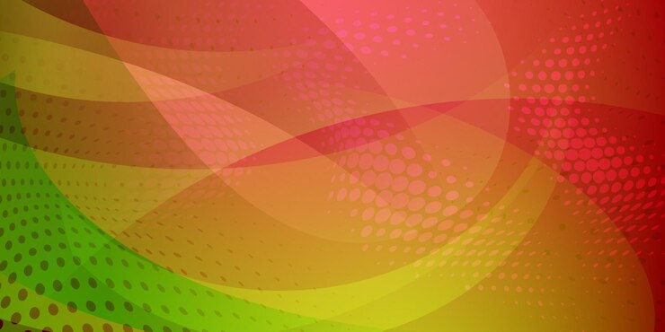Vetor fundo abstrato feito de pontos de meio-tom e linhas curvas em cores vermelhas e verdes