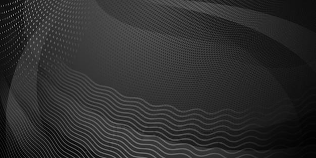 Fundo abstrato feito de pontos de meio-tom e linhas curvas nas cores preto e cinza