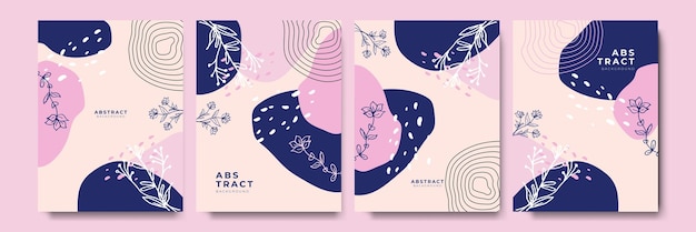 Fundo abstrato floral mínimo desenhado à mão com folhas de flores forma geométrica bolha líquida e padrão Design de pôster elegante para decoração de parede