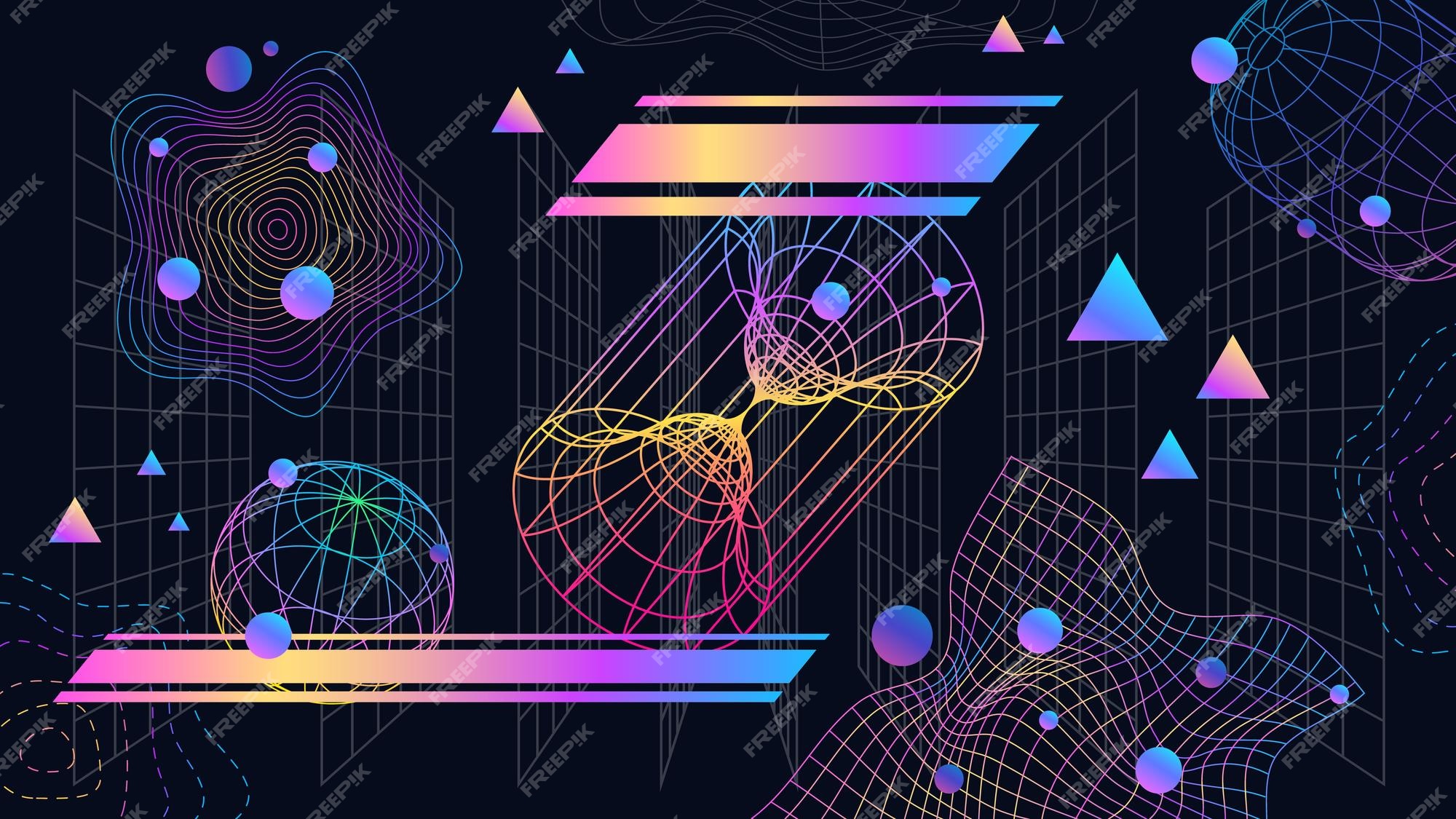 Grade símbolos 3d cartaz futuro wireframe elementos dos anos 90 neon malhas  geométricas padrões de linha y2k futuristas coração e onda cyberpunk forma  caminhos de traçado editáveis conjunto de vetores