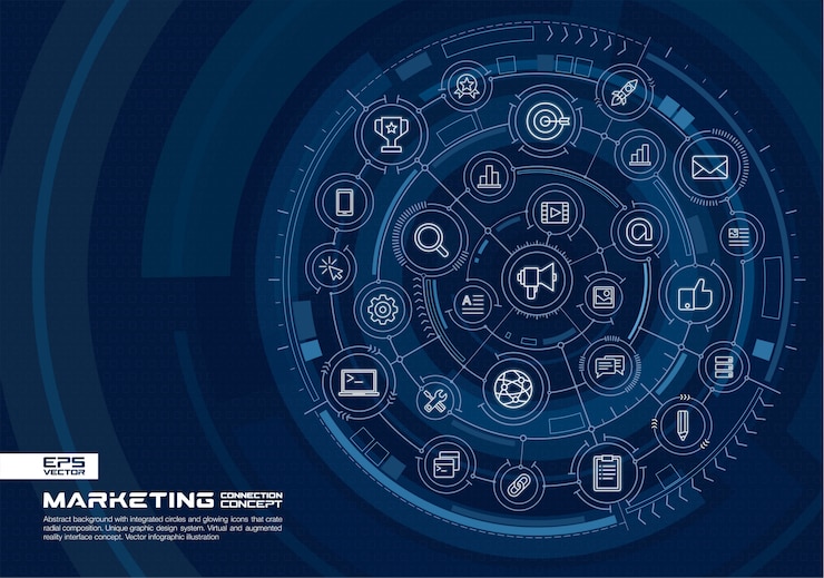 Vetor fundo abstrato tecnologia. sistema de conexão digital com círculos integrados, ícones brilhantes de linhas finas. conceito de interface de realidade virtual e aumentada. futura ilustração infográfico