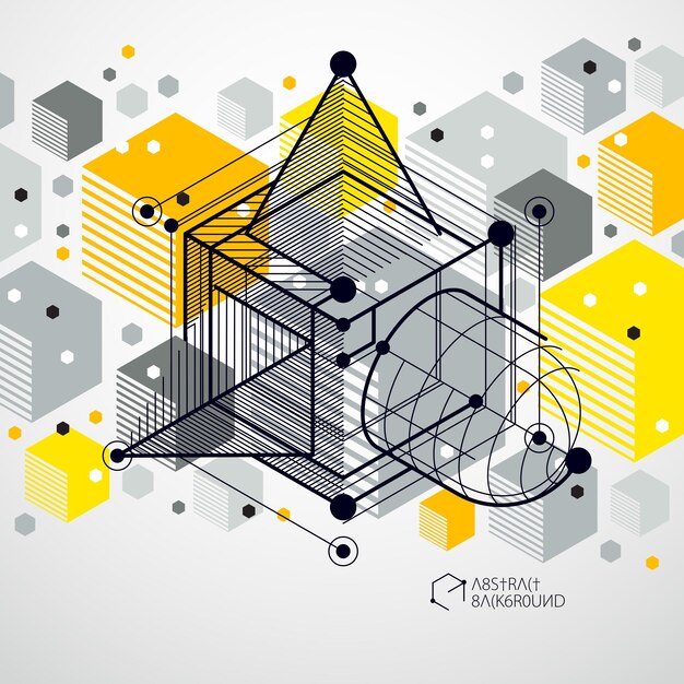 Fundo amarelo abstrato de vetor criado no estilo de linhas de malha isométrica. Esquema mecânico, desenho de engenharia vetorial com peças de cubo e mecanismo. Fundo perfeito para seus projetos de design