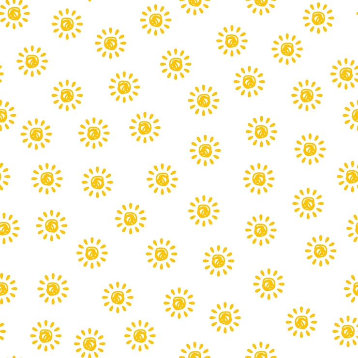 Fundo amarelo, bonito e engraçado, sem costura, com rabiscos desenhados à mão, nascer do sol
