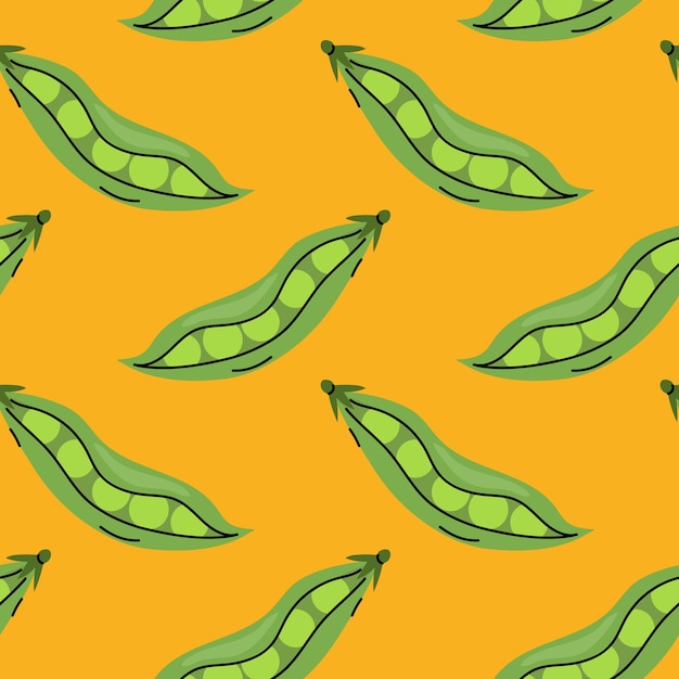 Fundo amarelo brilhante com um padrão repetitivo de vagens e ervilhas verdes