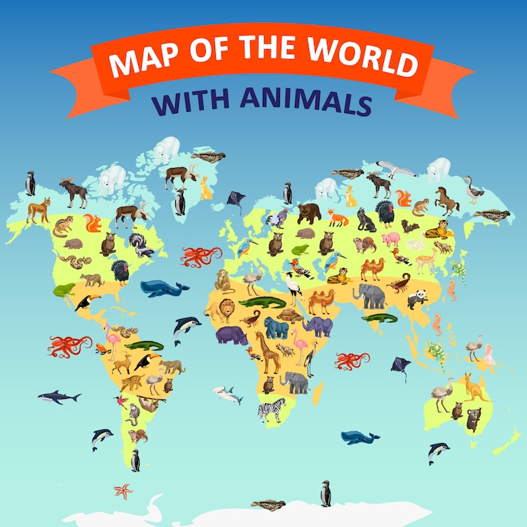 Vetor fundo animal do conceito do mapa de mundo. ilustração dos desenhos animados do fundo de conceito de vetor animal mapa mundo
