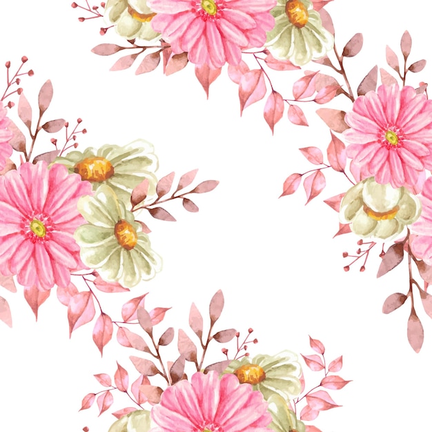 Vetor fundo aquarela de flores cor de rosa brancas e folhas de pintura à mão