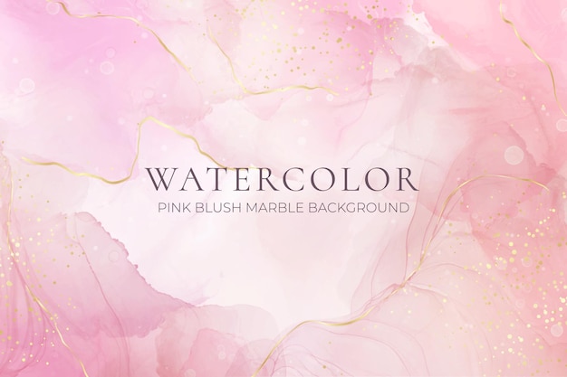 Fundo aquarela líquido rosa rosa com pontos dourados. Efeito de desenho de tinta de álcool de mármore empoeirado. Modelo de design de ilustração vetorial para convite de casamento, menu, rsvp
