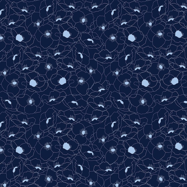 Vetor fundo azul com padrão de flores lineares celestiais