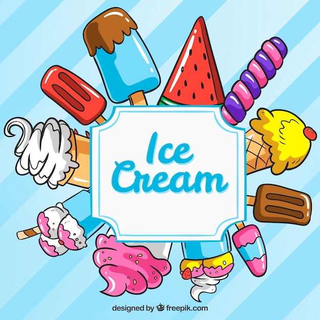 Vetor fundo azul com variedade de sorvetes desenhados à mão