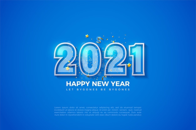 Fundo azul de feliz ano novo de 2021 com números listrados em negrito branco
