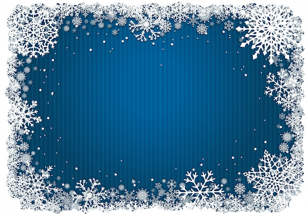 Fundo azul de natal com moldura de flocos de neve