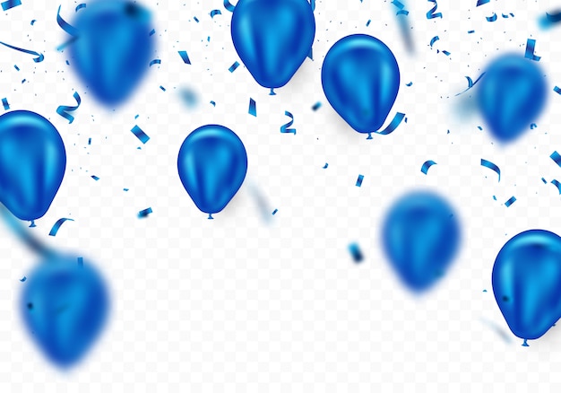 Vetor fundo azul do balão e confetes, maravilhosamente arranjado para decorar várias festas de celebração