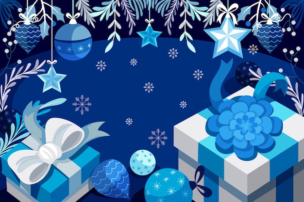 Vetor fundo azul e prateado plano para a celebração da temporada de natal