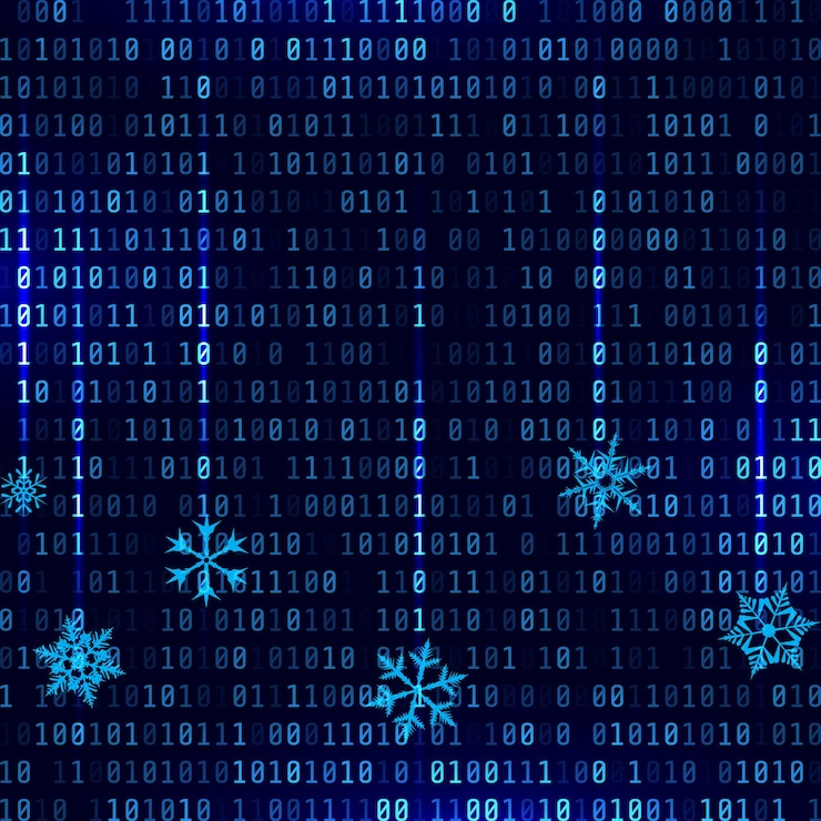 Vetor fundo binário estilo matriz vetorial com flocos de neve caindo