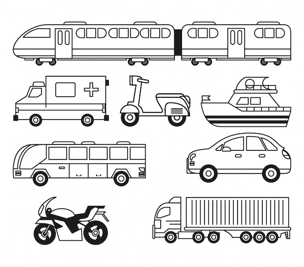 Fundo branco com conjunto monocromático de veículos de transporte