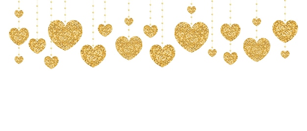 Vetor fundo branco para texto com glitter dourado pendurado corações vetor de fundo festivo
