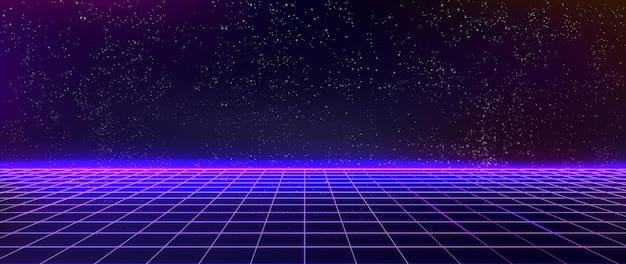 Fundo cibernético de néon futurista com linhas de laser e céu estrelado. Banner retrô digital no estilo dos anos 80 para decoração de design