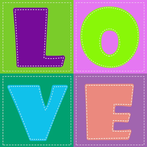 Vetor fundo colorido com letras amor em estilo patchwork