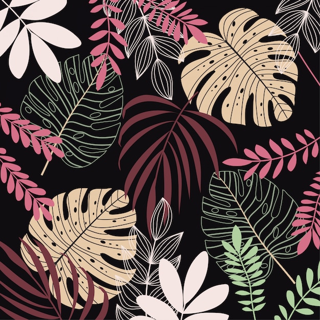 Fundo colorido com plantas tropicais e folhas