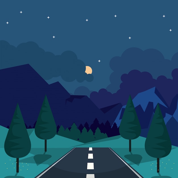 Fundo colorido da paisagem natural com a estrada na noite