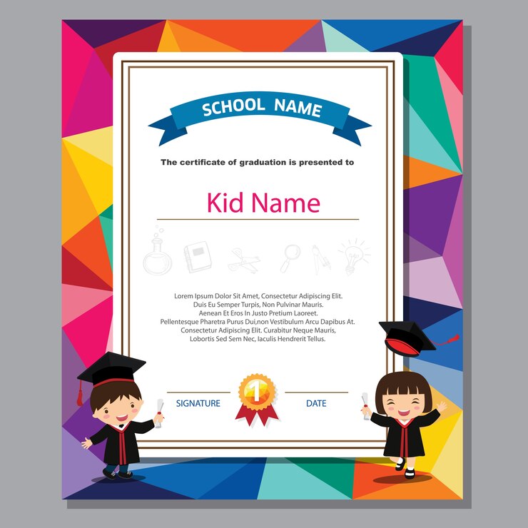 Vetor fundo colorido do certificado do diploma das crianças prées-escolar