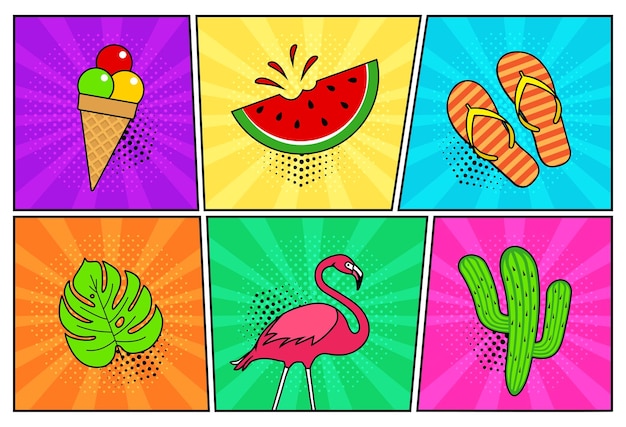 Fundo colorido do humor do ícone do vetor de verão em quadrinhos no estilo pop art ilustração engraçada