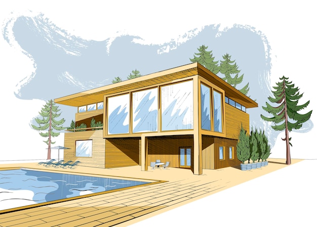 Fundo colorido vetorial com casa moderna com piscina