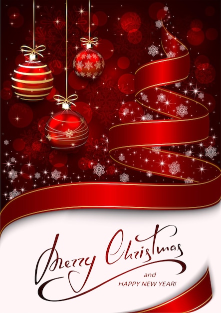 Fundo com árvore de natal de fita, flocos de neve, três bolas vermelhas e enfeites, decorações do feriado e letras de feliz natal e feliz ano novo, ilustração.
