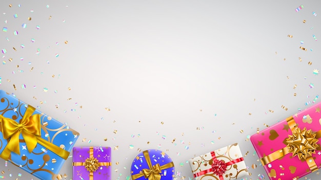 Fundo com caixas de presente coloridas com fitas, laços e vários padrões