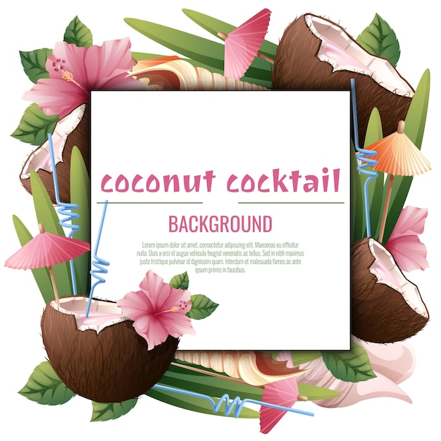 Fundo com coquetéis de coco, guarda-chuvas, flores de hibisco, conchas, cartão postal com bebidas de praia para festas, feriados, publicidade, banner de verão com frutas tropicais de coco